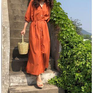 V-neck Elbow-sleeve Midi Shirt Dress
