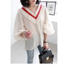 Pleated-collar Puff-sleeve Striped Top
