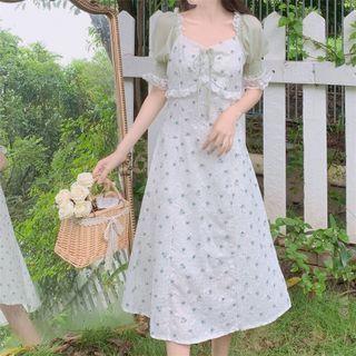 Puff-sleeve Square-neck Floral Panel Dress