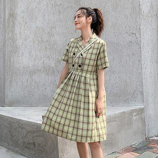 Short-sleeve Double-breasted Plaid Shirt Dress