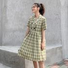 Short-sleeve Double-breasted Plaid Shirt Dress