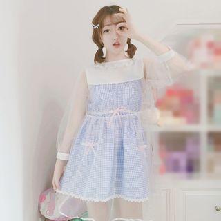 Set: Wide Strap Plaid Mini A-line Dress + 3/4-sleeve Mesh Dress