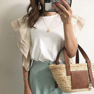 Ruffle-sleeve T-shirt White - One Size