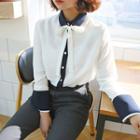 Detachable-ribbon Contrast-trim Shirt