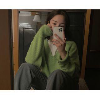 [dearest] Raglan-sleeve Woolen Sweater (green) One Size