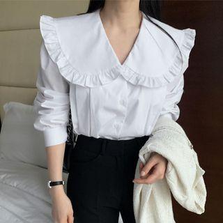 Long-sleeve Peter Pan Collar Ruffle Trim Plain Shirt