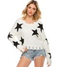 Star Print Loose-fit Fray-edge Knit Sweater