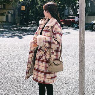 Buckled Fleece Trim Plaid Button Coat