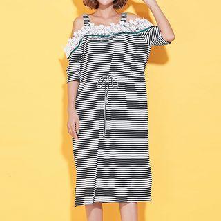 Crochet Trim Pinstriped Off Shoulder Elbow Sleeve Dress