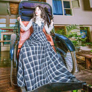 Set: Bow Accent Blouse + Plaid Maxi A-line Pinafore Dress