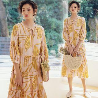 Printed 3/4-sleeve Tiered Midi Sundress