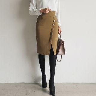 Faux Pearl Slit Pencil Skirt