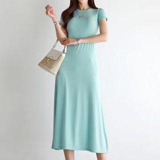 Plain Round-neck Flared Long Dress