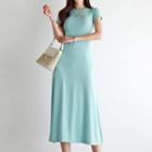 Plain Round-neck Flared Long Dress
