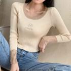 Long-sleeve Round-neck Embroidered Cropped Knit Top