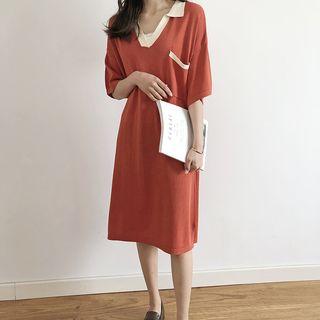 Elbow-sleeve Color Block Midi Knit Dress