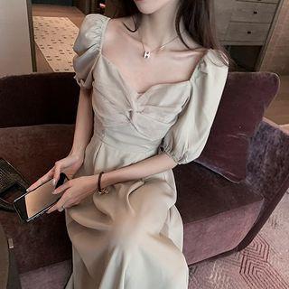 Puff-sleeve Twist Midi A-line Dress