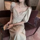 Puff-sleeve Twist Midi A-line Dress