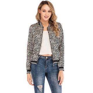Leopard Print Zip Baseball Jacket Black - One Size