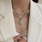 Alloy Disc Pendant Layered Necklace Silver - One Size