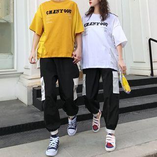 Couple Matching Elbow-sleeve Lettering T-shirt / Cargo Harem Pants