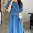 Short-sleeve Washed Denim Midi A-line Dress Blue - One Size