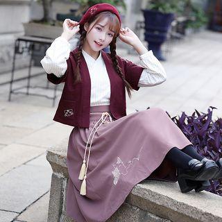 Set: Cat Embroidered Cropped Short Sleeve Jacket + Midi Skirt + Pinstriped Blouse