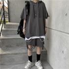 Elbow-sleeve Distressed Hooded T-shirt / Wide Leg Shorts