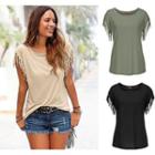 Short-sleeve Fringed Plain T-shirt