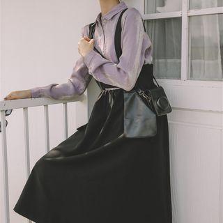 Faux-leather Panel Midi Suspender Skirt Black - One Size