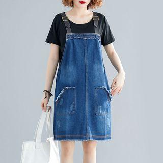 Set : Plain Short-sleeve T Shirt + Back Strap Denim Skirt