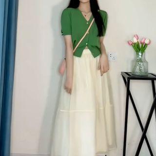 Puff-sleeve Plain Cardigan / Midi A-line Skirt / Set