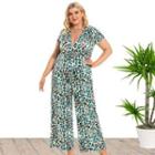 Plus Size Short Sleeve Deep V Neck Leopard Print Wide Leg Jumpsuit