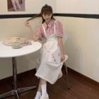 Short-sleeve Floral Print Shirt / Midi A-line Suspender Skirt