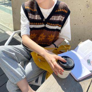 Ethnic-print Loose Knit Vest