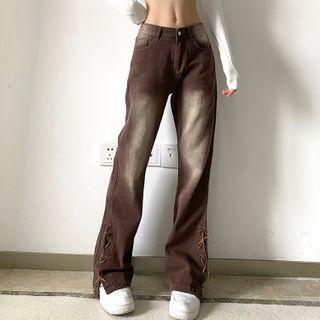 Lace-up Washed Baggy Bootcut Jeans