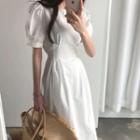Puff-sleeve Back Ribbon Midi A-line Dress