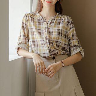 Frill-neck Tab-sleeve Plaid Blouse