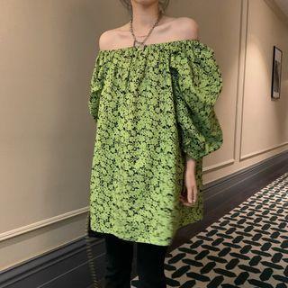 3/4-sleeve Floral Tunic Green - One Size