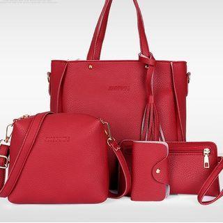 Set: Faux Leather Tote Bag + Crossbody Bag + Long Wallet + Purse