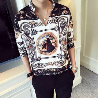 V-neck Printed Elbow-sleeve Shirt