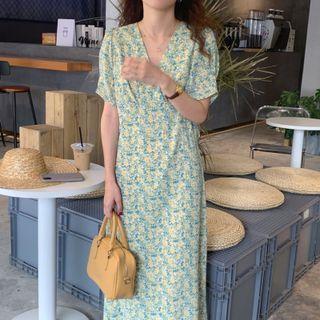 V-neck Floral Print Dress Green - One Size