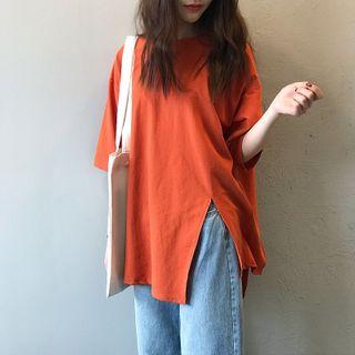 Elbow-sleeve Split-side T-shirt