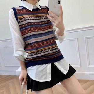 Patterned Sweater Vest Pattern - Brown & Blue - One Size