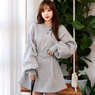Balloon-sleeve Mini Pullover Dress With Belt