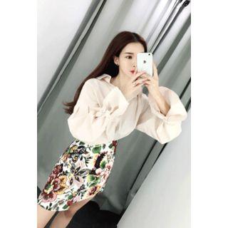 Beribboned Puff-sleeve Cotton Blouse
