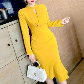 Long-sleeve Cutout Mock-neck Midi Mermaid Dress