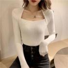 Long-sleeve Plain Knit Cropped Knit Top