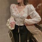 Lace Panel Velvet Long-sleeve Top Beige Almond - One Size