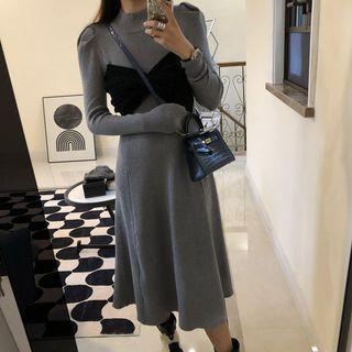 Long-sleeve Mock-neck Bow Accent Knit Midi A-line Dress